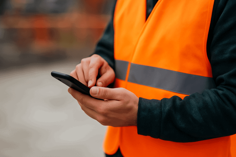Housing worker in high visibility clothing using a mobile device on site