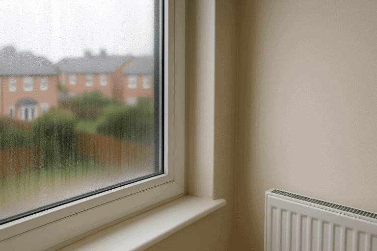 Condensation on a window inside a UK home with houses visible outside